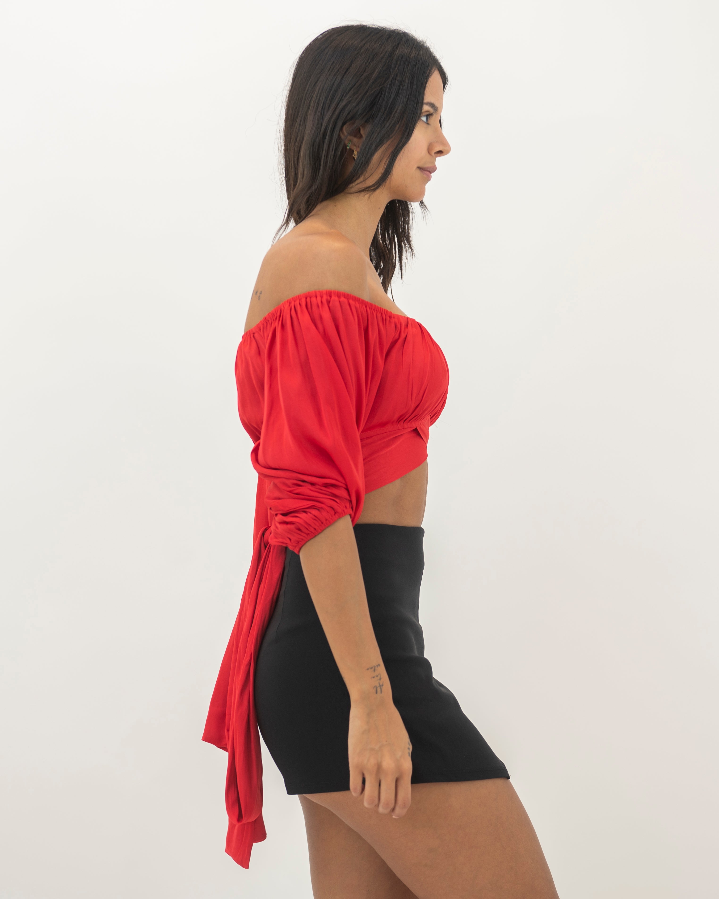 Elegant Off Shoulder Red Satin Tie-Up Ruffle Crop Top with Bell Sleeve