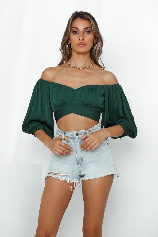 Elegant Off Shoulder Forest Green Satin Tie-Up Ruffle Crop Top with Bell Sleeve