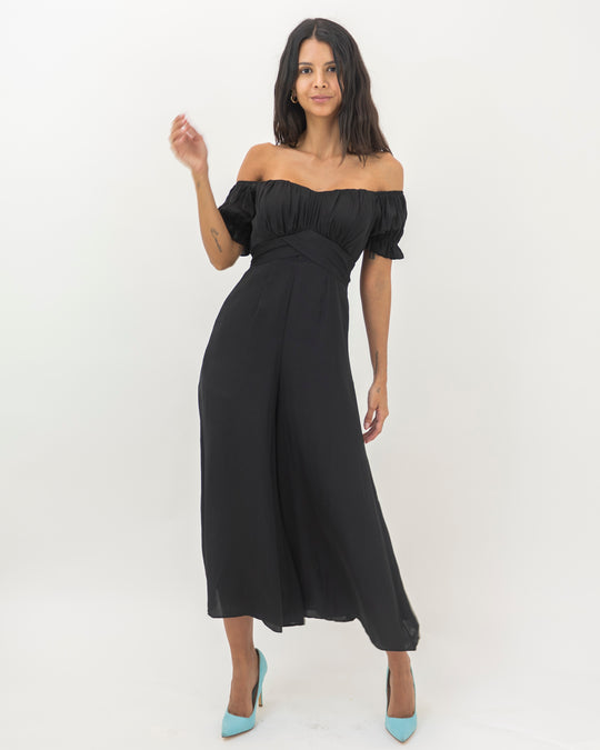 Elegant Off Shoulder Black Satin Tie-Up Ruffle Jumpsuit