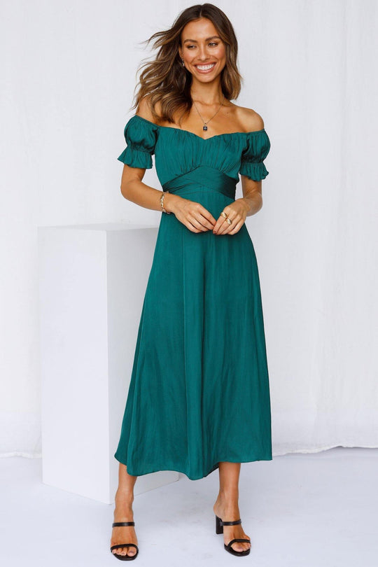 Elegant Off Shoulder Forest Green Satin Tie-Up Ruffle Jumpsuit