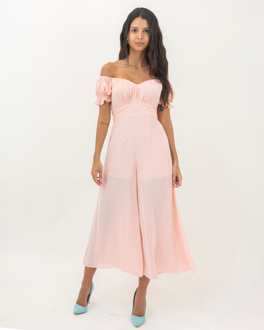 Elegant Off Shoulder Salmon Tie-Up Ruffle Jumpsuit