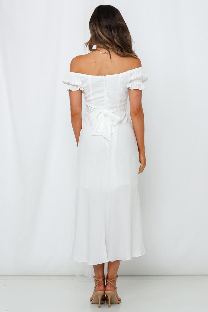Elegant Off Shoulder White Tie-Up Ruffle Maxi Dress