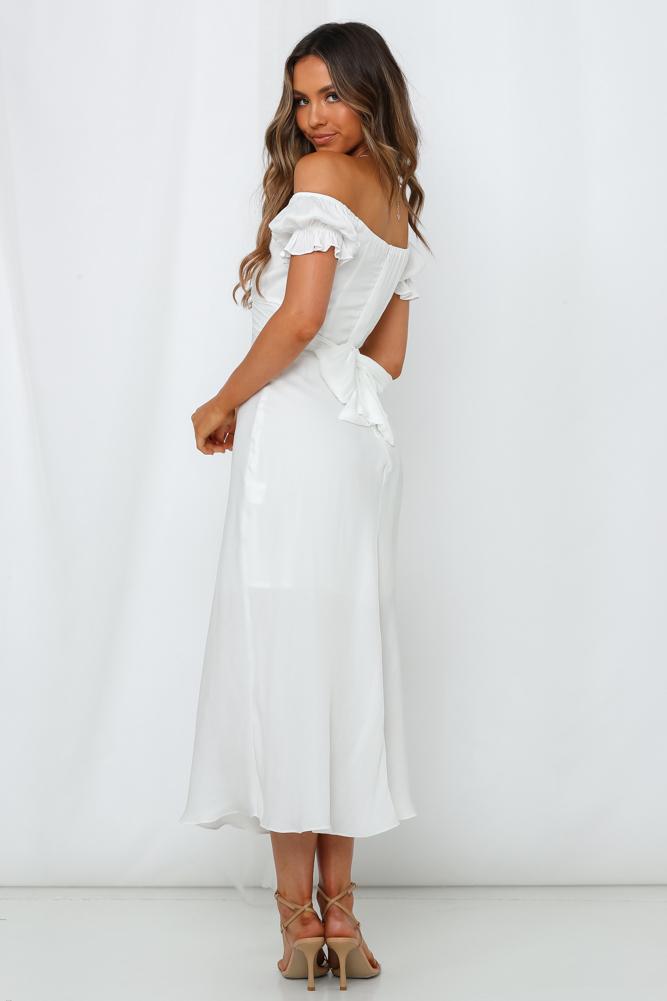 Elegant Off Shoulder White Tie-Up Ruffle Maxi Dress S / White