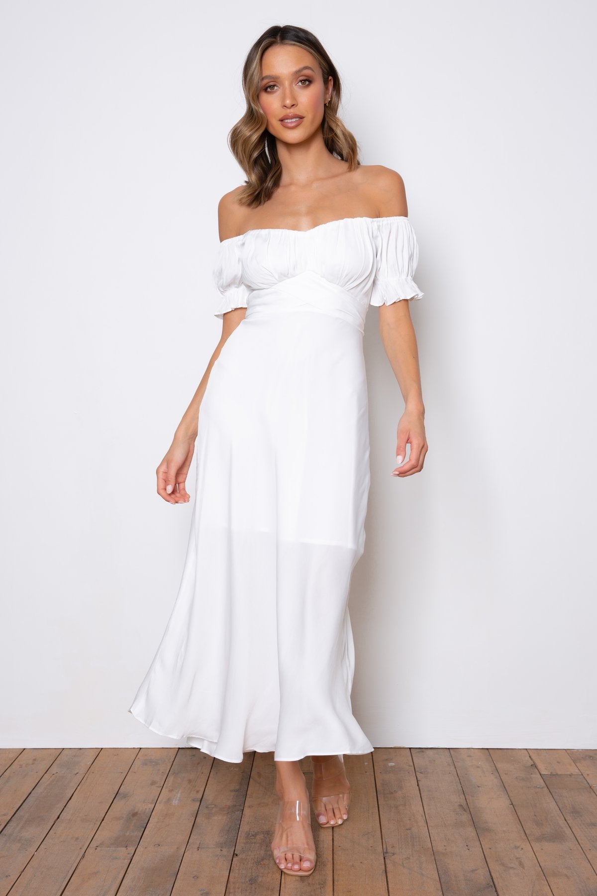 off shoulder white dress maxi Simone The Sweater - M Size - Women's Dresses Sheer floral lace creates a stunning overlay atop a nude knit liner as it shapes an off Elegant Off Shoulder White Tie-Up