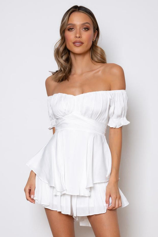 Elegant Off Shoulder White Tie-Up Ruffle Romper