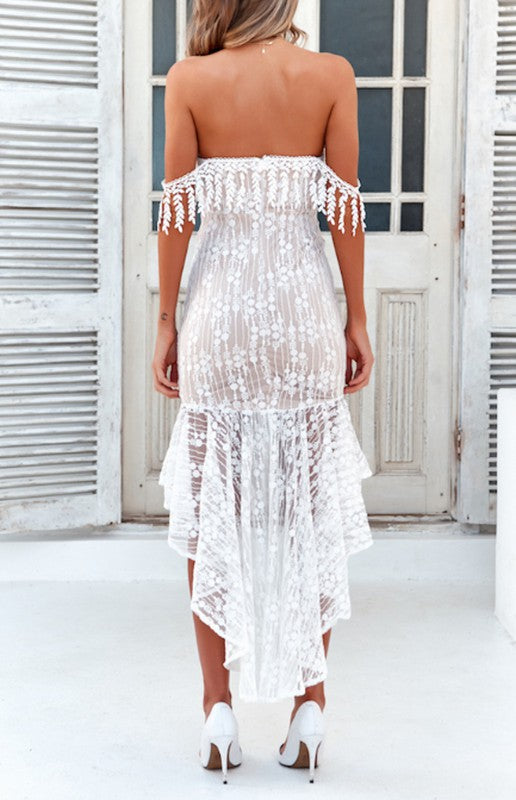 Elegant Summer Off Shoulder White Floral Embroidery Detailed High Low Dress