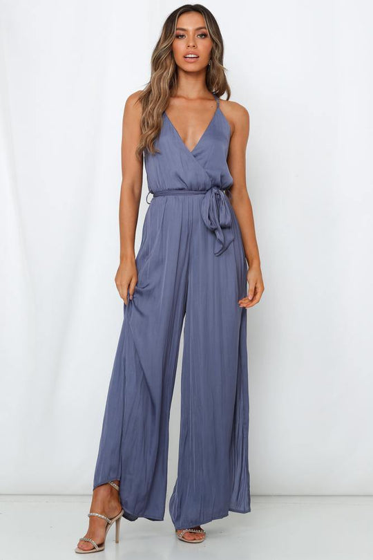 Elegant Strap V-Neck Midnight Blue Satin Tie-Up Jumpsuit