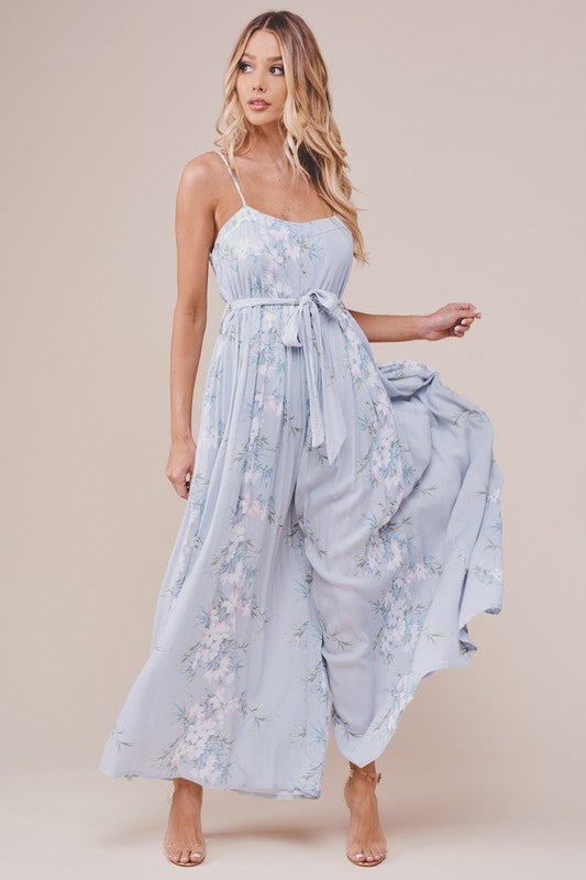 Fashion Strap Grey Multi-Color Floral Print Tie-Up Jumpsuit