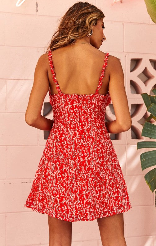 Fashion Ruffle Strap Red Floral Print Summer Dress