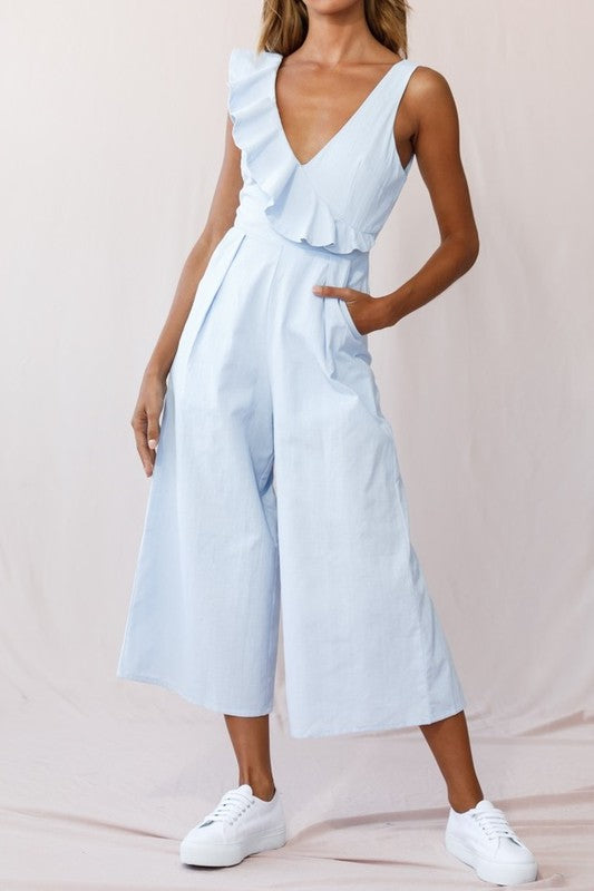 Elegant Summer Steel Blue V-Neck Ruffle Crop Wide Leg Jumpsuit