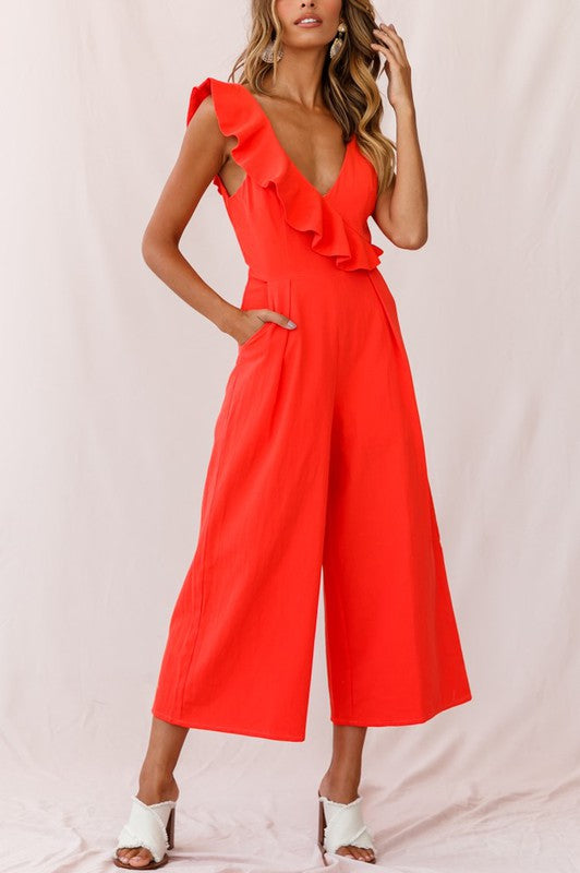 Elegant Summer Tangerine V-Neck Ruffle Crop Wide Leg Jumpsuit