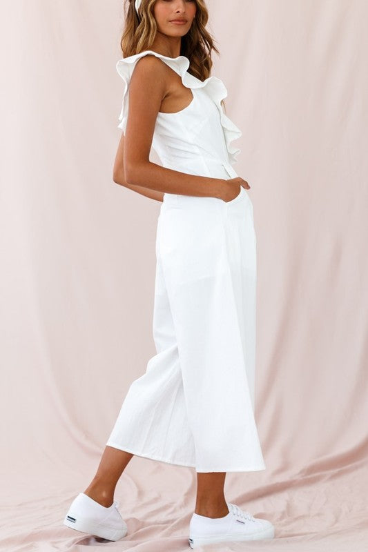 Elegant Summer White V-Neck Ruffle Crop Wide Leg Jumpsuit