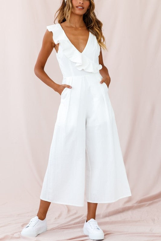 Elegant Summer White V-Neck Ruffle Crop Wide Leg Jumpsuit