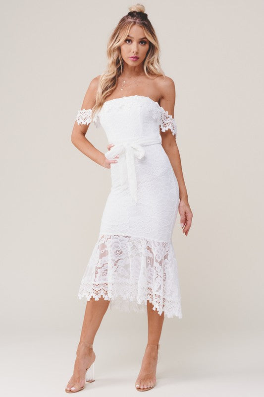 Elegant Off Shoulder White Lace Tie-Up Ruffle Maxi Dress