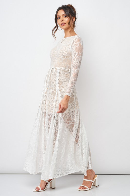 Fashion White Lace Tie-Up Open Back Maxi Dress with Long Sleeve EDITE MODE Fashion White Lace Tie-Up Open Back Maxi Dress with Long Sleeve EDITE MODE