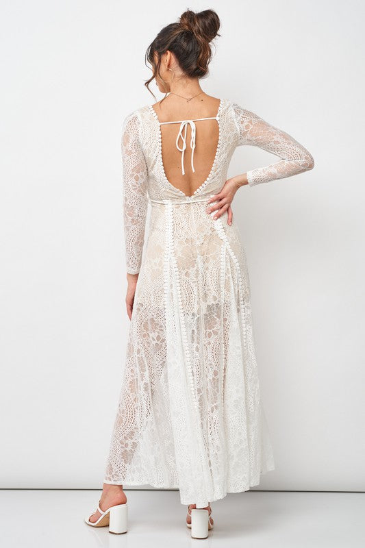 Fashion White Lace Tie-Up Open Back Maxi Dress with Long Sleeve