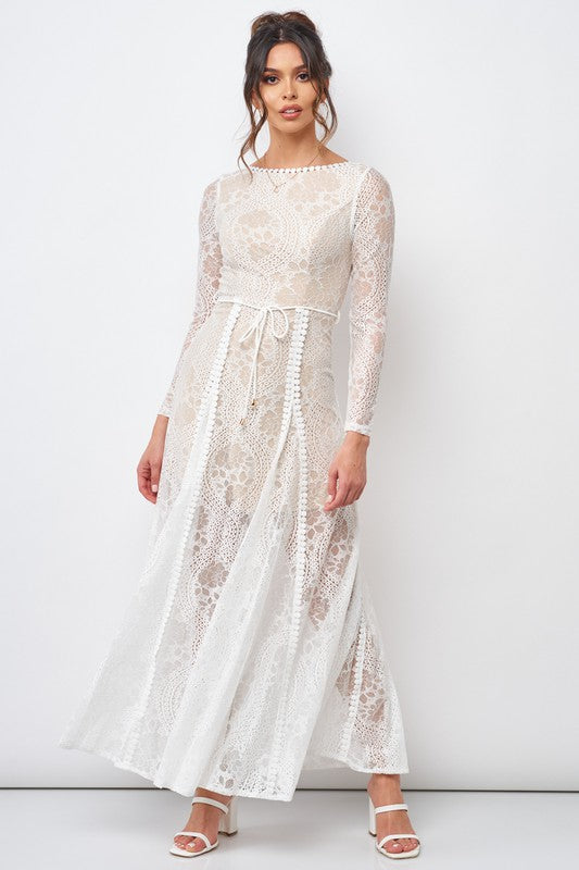 Fashion White Lace Tie-Up Open Back Maxi Dress with Long Sleeve