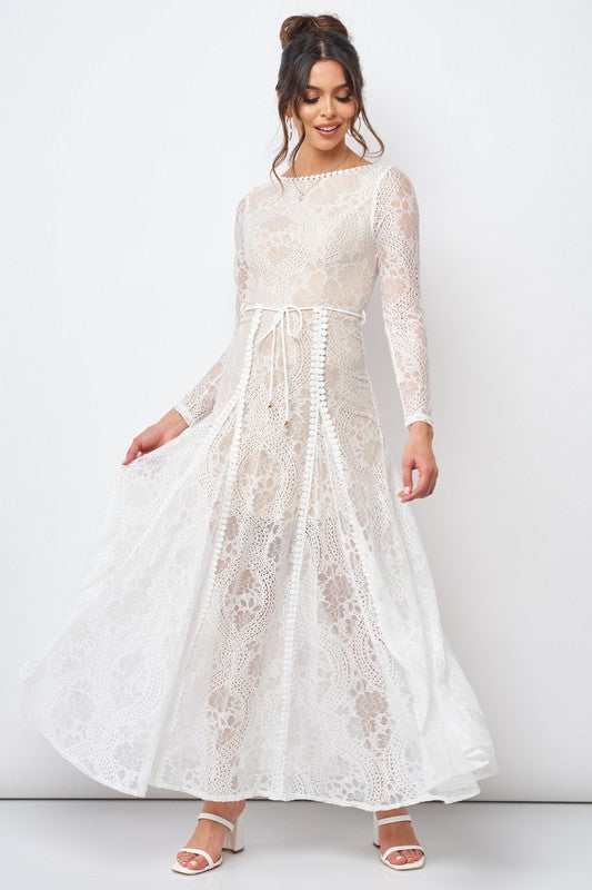 Fashion White Lace Tie-Up Open Back Maxi Dress with Long Sleeve