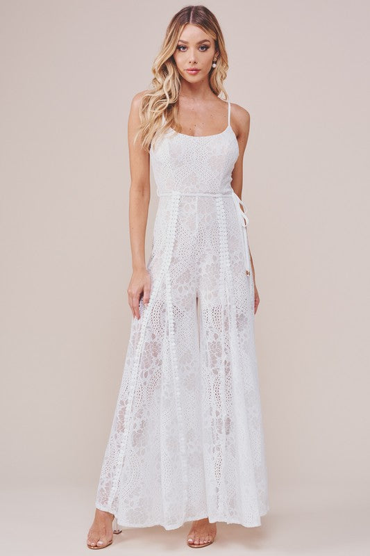 Fashion Strap White Lace Tie-Up Jumpsuit