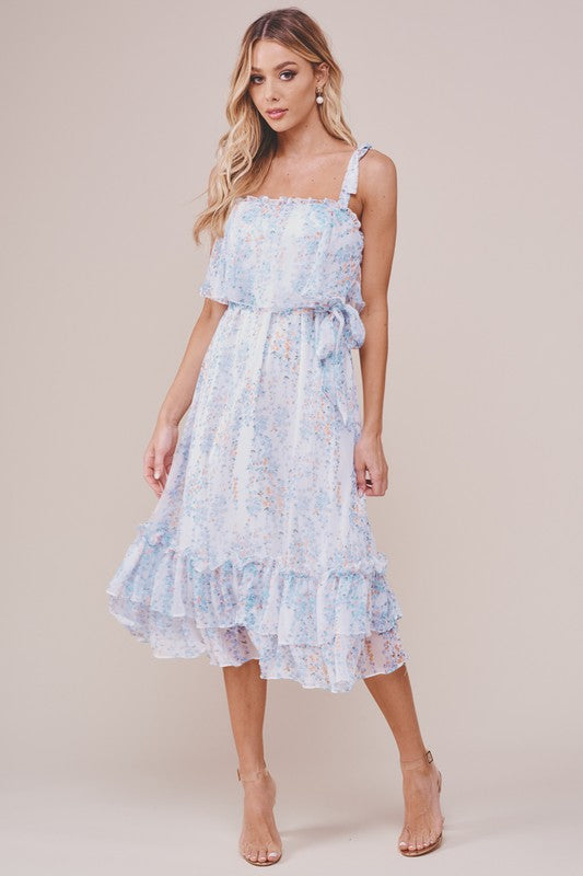 Fashion Summer Strap Multi-Color Floral Print Ruffle Tie-Up White Dress