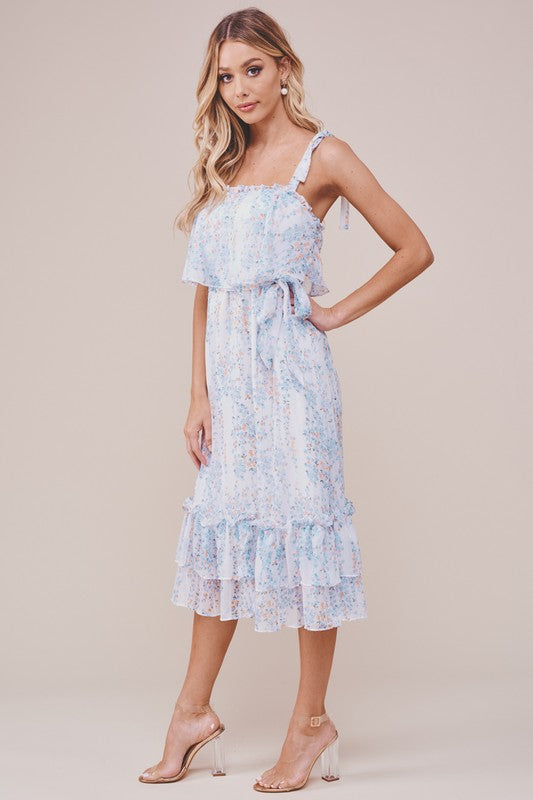 Fashion Summer Strap Multi-Color Floral Print Ruffle Tie-Up White Dress
