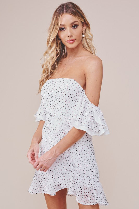 Elegant Off Shoulder White Multi-Color Polka Dot Print Satin Ruffle Dress