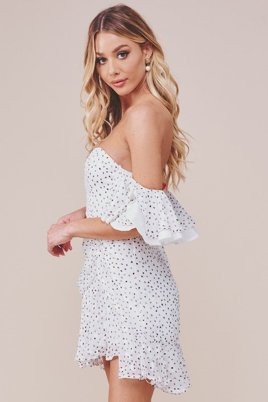 Elegant Off Shoulder White Multi-Color Polka Dot Print Satin Ruffle Dress