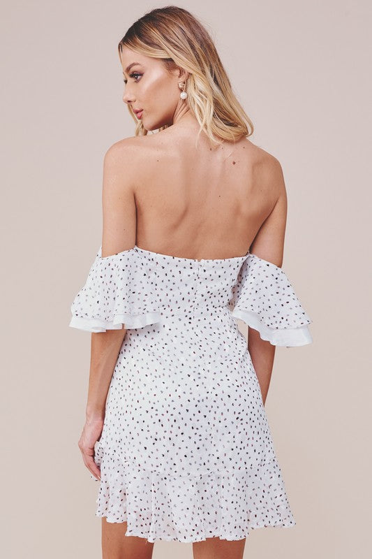 Elegant Off Shoulder White Multi-Color Polka Dot Print Satin Ruffle Dress