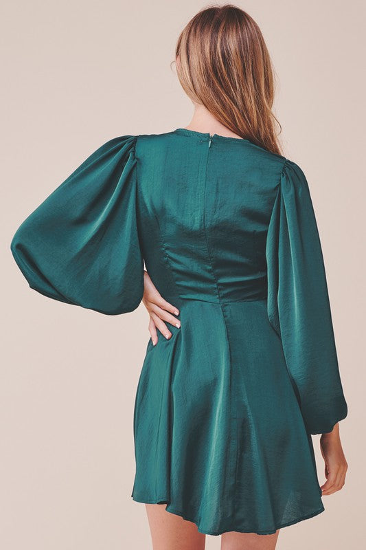 Elegant Forest Green Satin Deep V-Neck Tie-Up Ruffle Dress with Puffy Long Sleeve