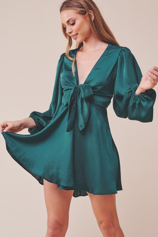 Elegant Forest Green Satin Deep V-Neck Tie-Up Ruffle Dress with Puffy Long Sleeve
