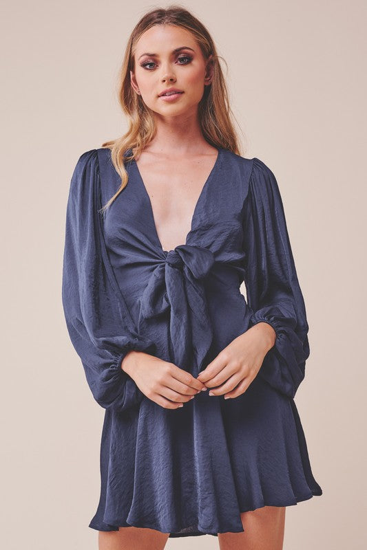 Elegant Navy Satin Deep V-Neck Tie-Up Ruffle Dress with Puffy Long Sleeve