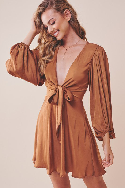 Elegant Tan Satin Deep V-Neck Tie-Up Ruffle Dress with Puffy Long Sleeve