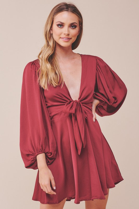 Elegant Wine Satin Deep V-Neck Tie-Up Ruffle Dress with Puffy Long Sleeve