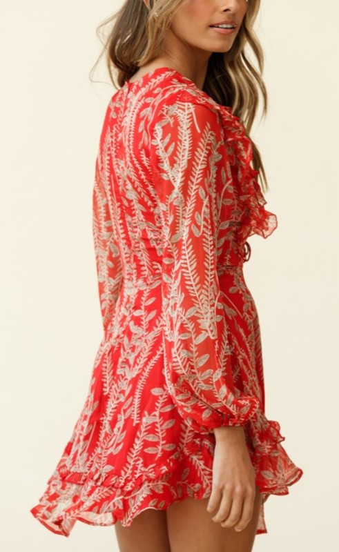 Elegant Red Multi-Color Leaf Print Ruffle Deep V-Neck Front Tie-Up Dress with Long Sleeve