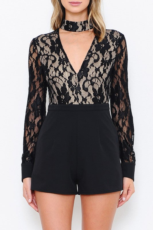 Elegant Black Lace Choker Romper