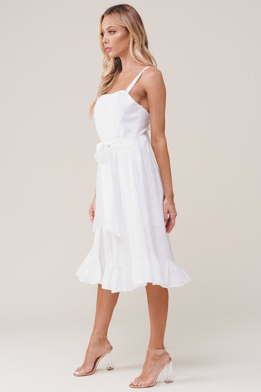 Fashion Strap White Summer Ruffle Dress Back Tie-Up