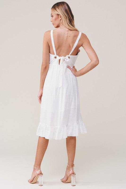 Fashion Strap White Summer Ruffle Dress Back Tie-Up