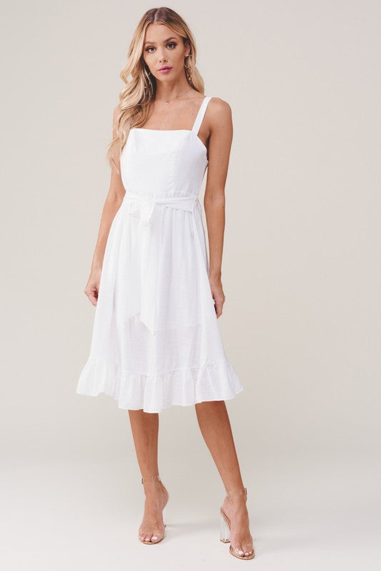 Fashion Strap White Summer Ruffle Dress Back Tie-Up