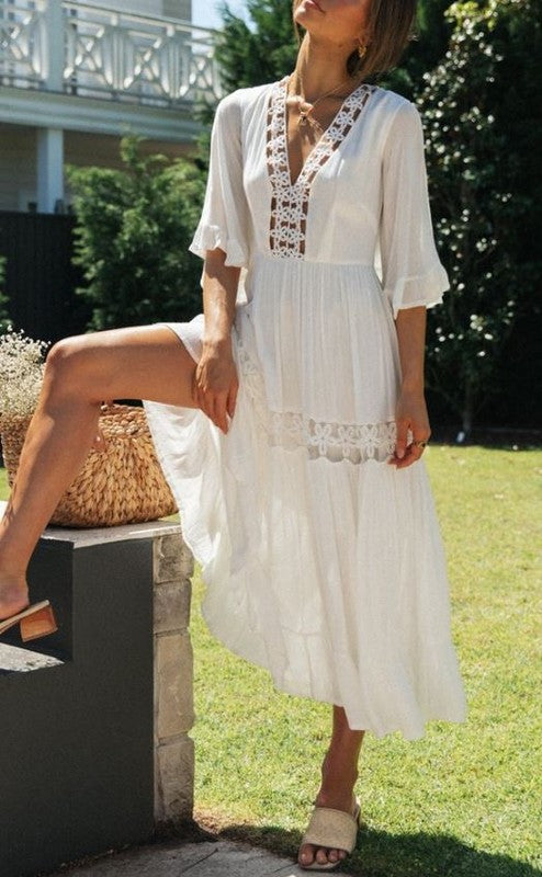 Fashion Summer White Crochet Embroidery Back Tie-Up Maxi Dress