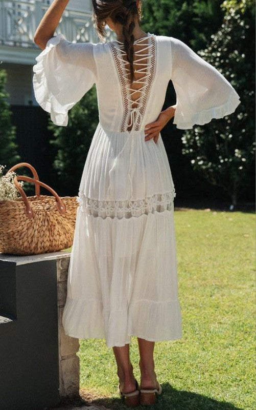 Fashion Summer White Crochet Embroidery Back Tie-Up Maxi Dress