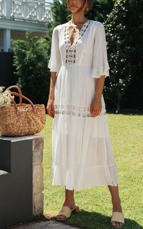 Fashion Summer White Crochet Embroidery Back Tie-Up Maxi Dress