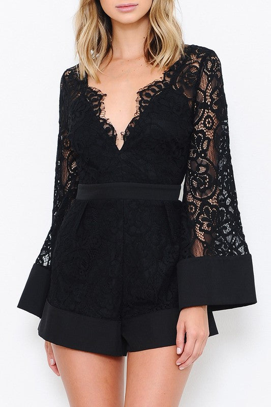 Elegant Black Lace Bell Sleeve Romper