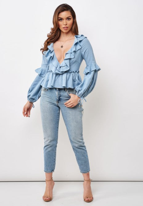 Fashion Summer Blue Deep V-Neck Ruffle Top with Bell Sleeve Tie-Up