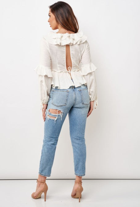 Fashion Summer White Deep V-Neck Ruffle Top with Bell Sleeve Tie-Up