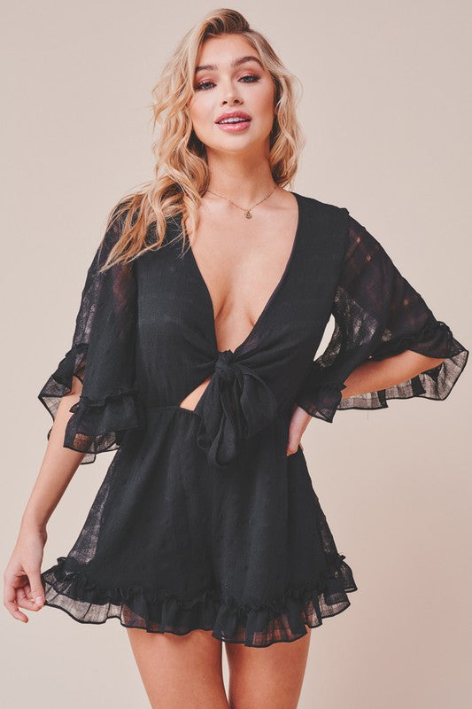 Fashion Black Deep V-Neck Tie-Up Ruffle Romper