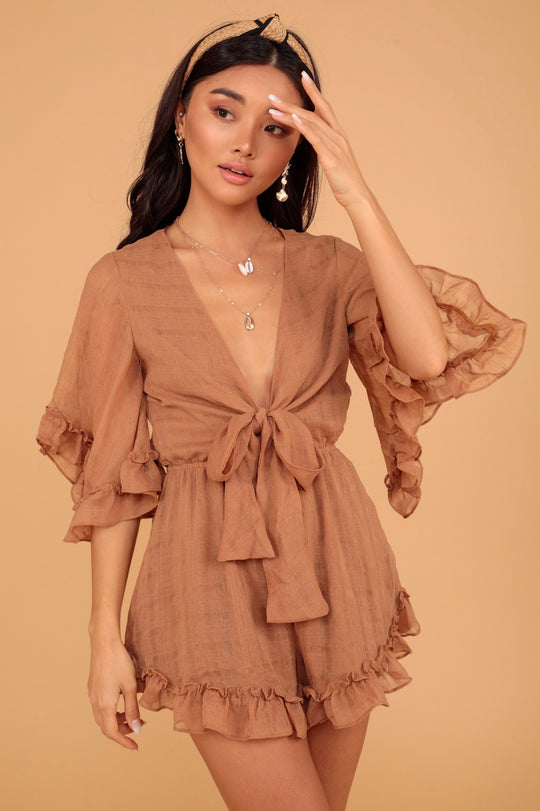 Fashion Tan Deep V-Neck Tie-Up Ruffle Romper