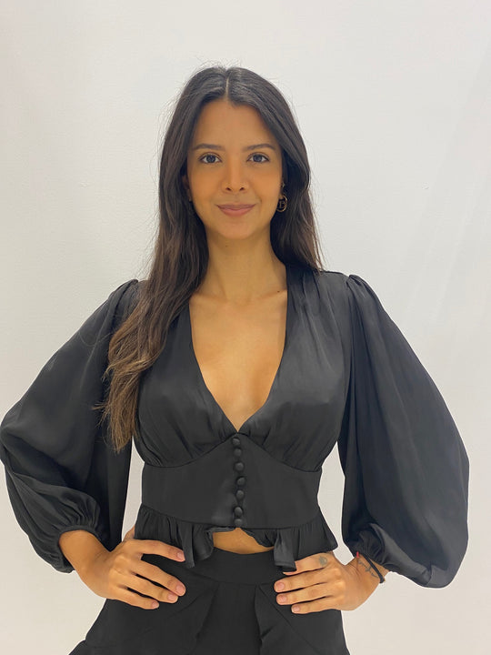 Elegant Black Deep V-Neck Crop Top Corset with Bell Sleeve