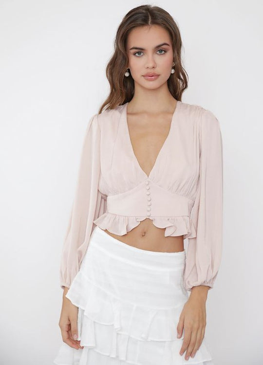 Elegant Champagne Deep V-Neck Crop Top Corset with Bell Sleeve