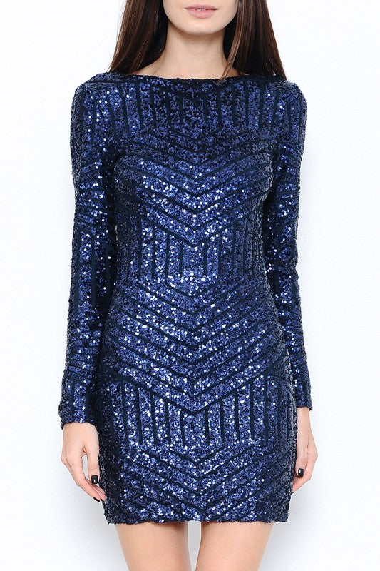 Elegant Open Back Navy Sequence Dress