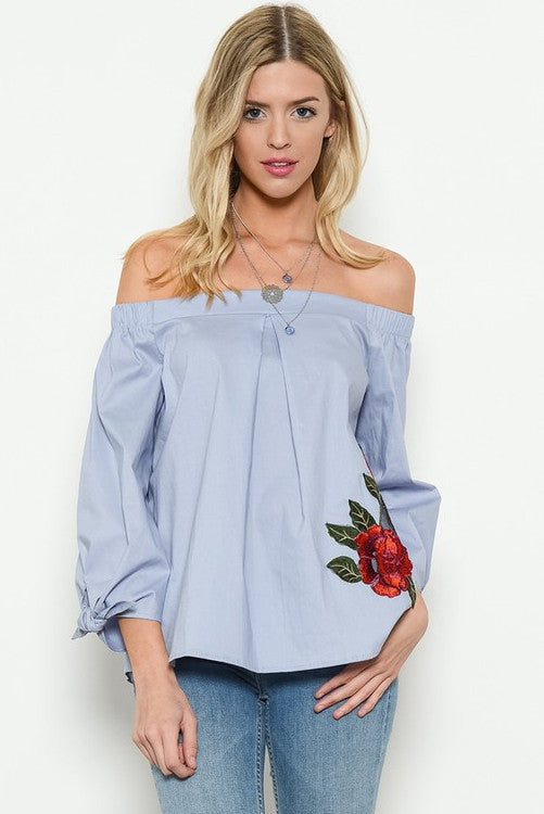 Fashion Blue Off Shoulder Top Embroidery Rose